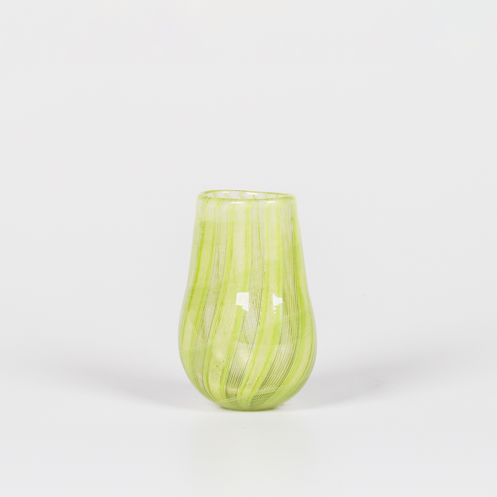 Miniature rounded glass vessel with intricate neon green swirl design