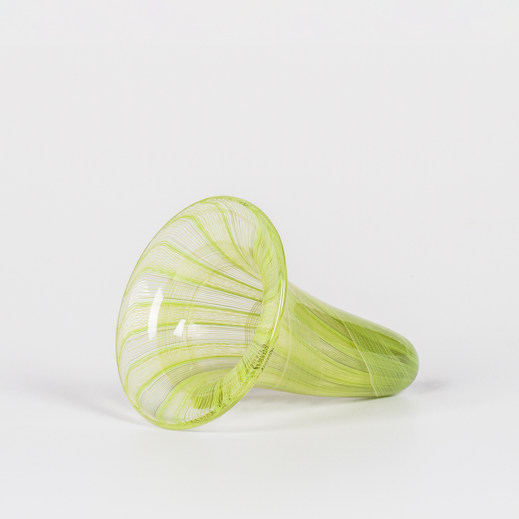 Miniature glass funnel-shaped vessel with intricate neon green swirl design