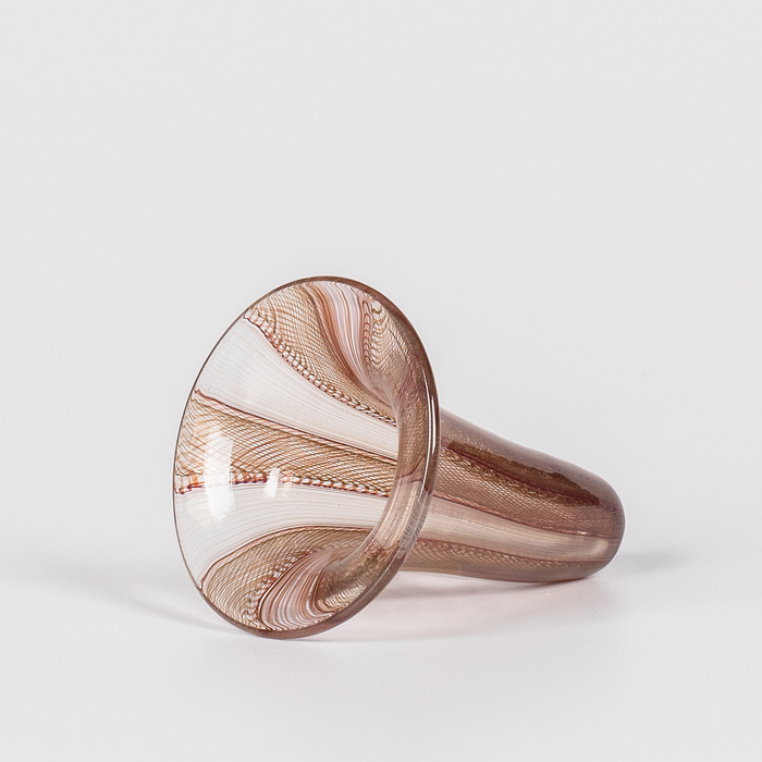Miniature glass funnel-shaped vessel with intricate brown swirl design