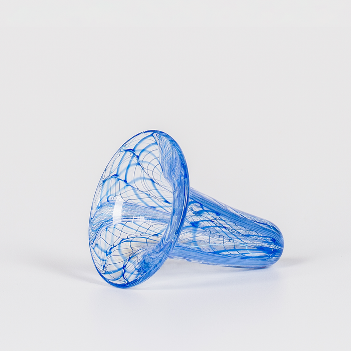 Miniature glass funnel-shaped vessel with intricate blue swirl design