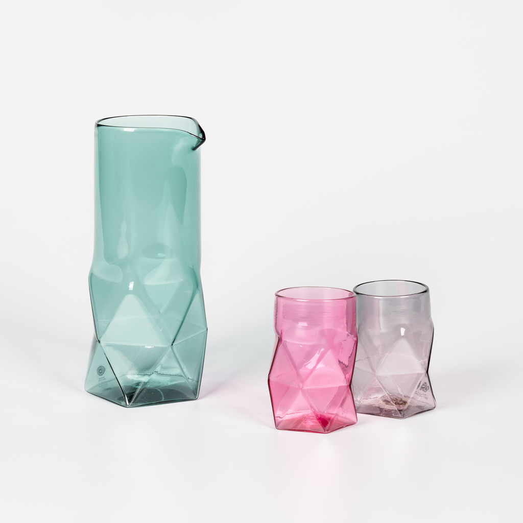 Clear Blue Glass Jug with geometric design and matching Pink and Black Glass Cups