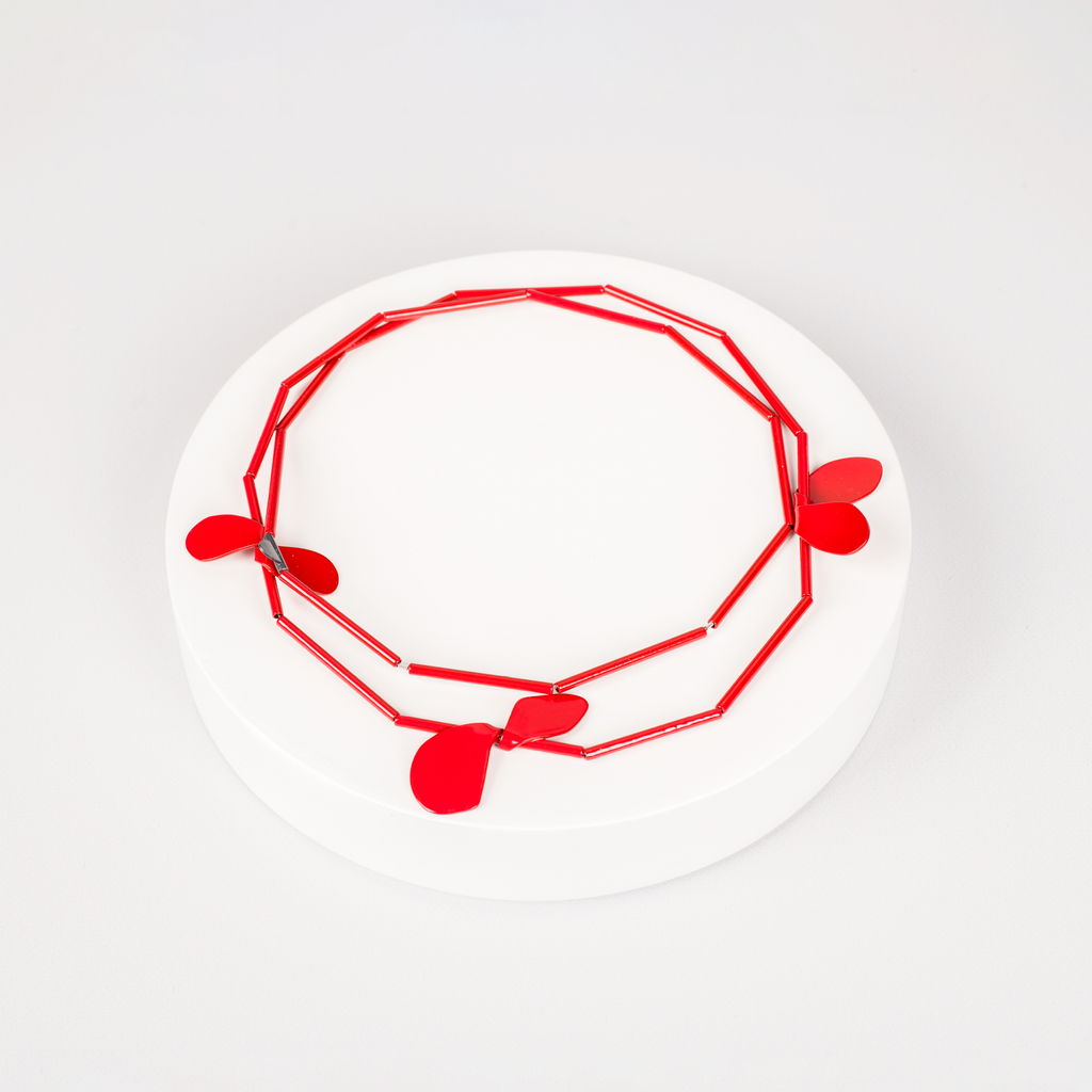 Red Brass Necklace with Leaf and Petal Design and Stainless steel chain