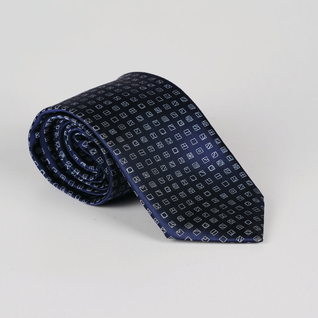 rolled navy blue tie with small square pattern