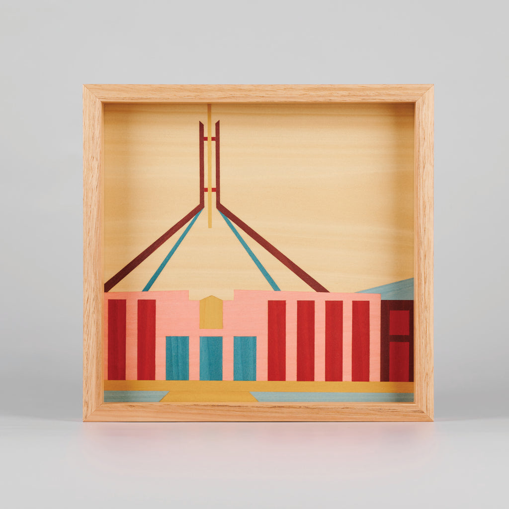 Timber tray with abstract parquetry design