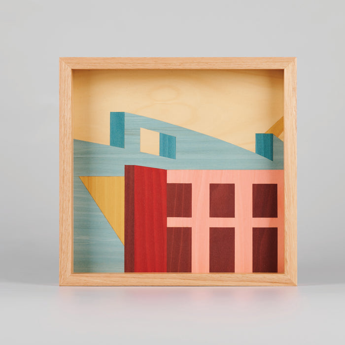 Timber tray with abstract parquetry design