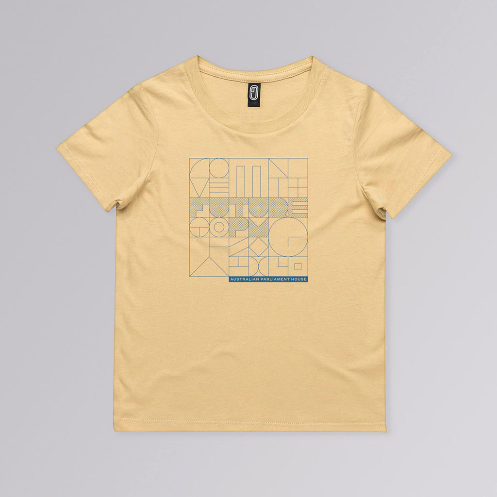 Mustard yellow children's t-shirt featuring 'future pm' illustration