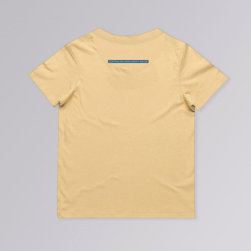 back of mustard yellow children's t-shirt featuring australian parliament house logo