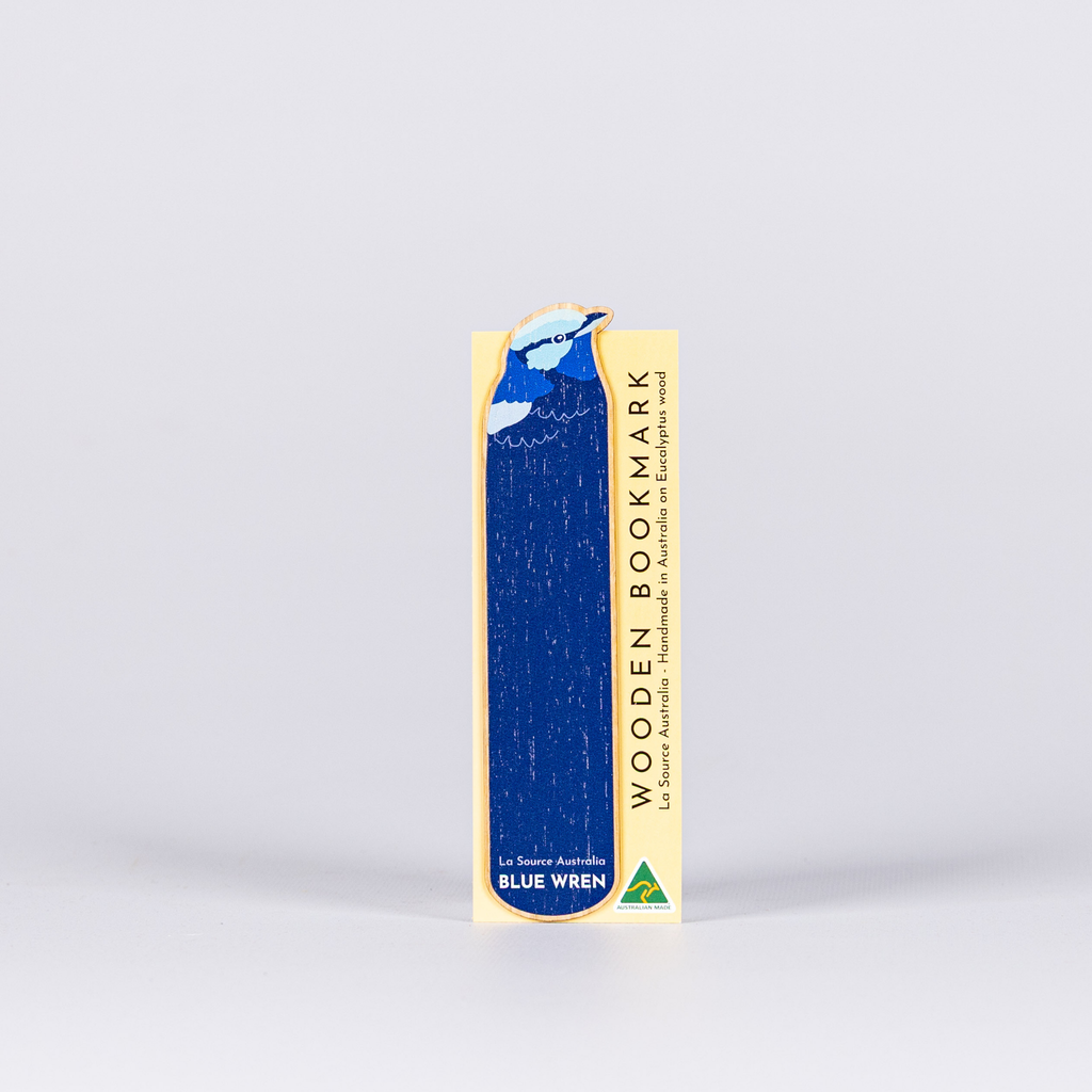 Wooden bookmark packaging with blue wren design on a white background