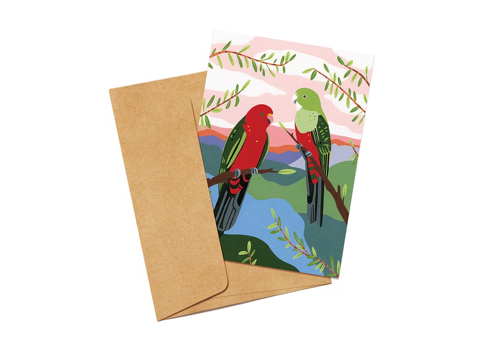 Gift card featuring an illustration of King Parrots and a brown envelope