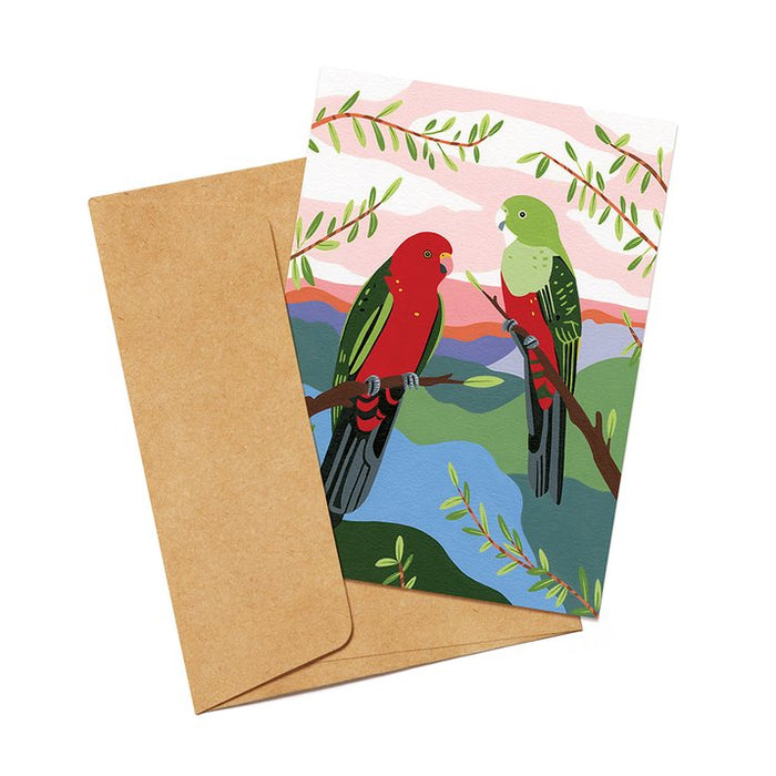 Gift card featuring an illustration of King Parrots and a brown envelope