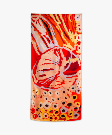 large rectangle vibrant silk scarf with various shades of red, orange and yellow