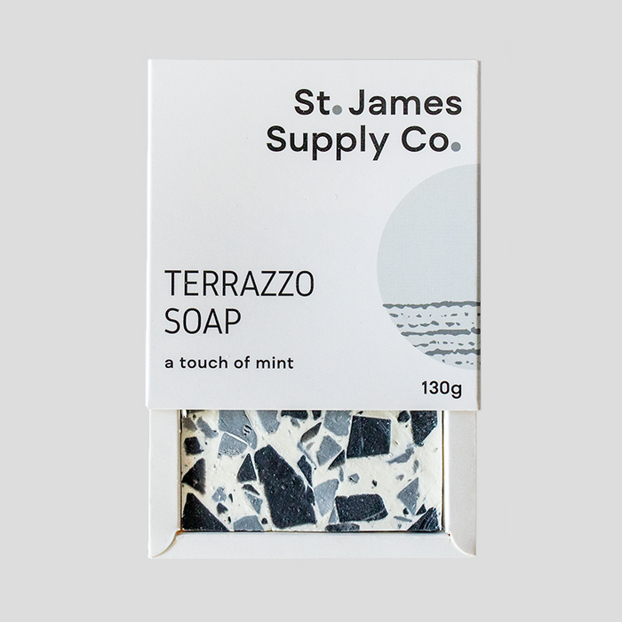 packaged bar of soap featuring grey terrazzo pattern 130g