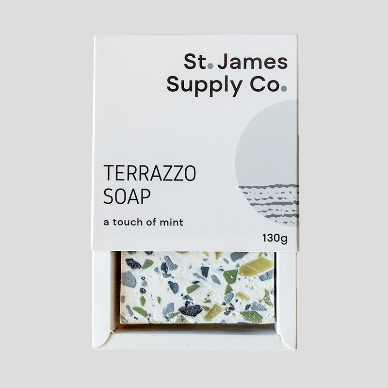 packaged bar of soap featuring green terrazzo pattern 130g