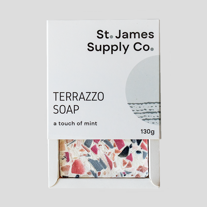 packaged bar of soap featuring pink terrazzo pattern 130g
