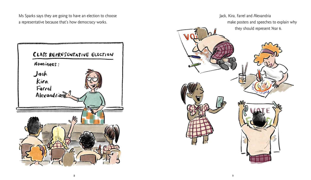 Page from the book 'Vote 4 Me' featuring illustrations and text of a school classroom and students planning their electoral campaigns. 