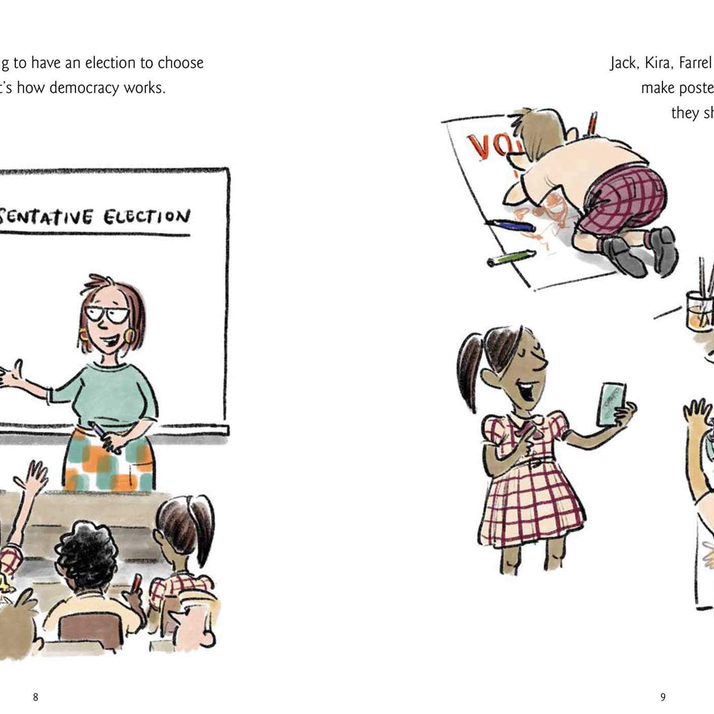 Page from the book 'Vote 4 Me' featuring illustrations and text of a school classroom and students planning their electoral campaigns. 
