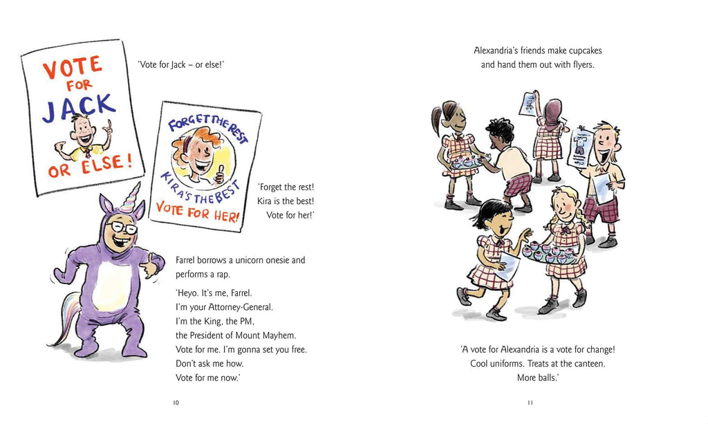 Page from the book 'Vote 4 Me' featuring illustrations and text of a school students running electoral campaigns. 