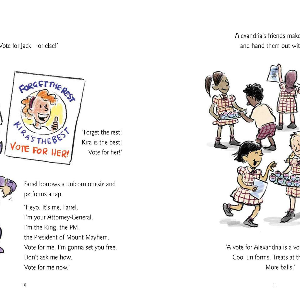 Page from the book 'Vote 4 Me' featuring illustrations and text of a school students running electoral campaigns. 