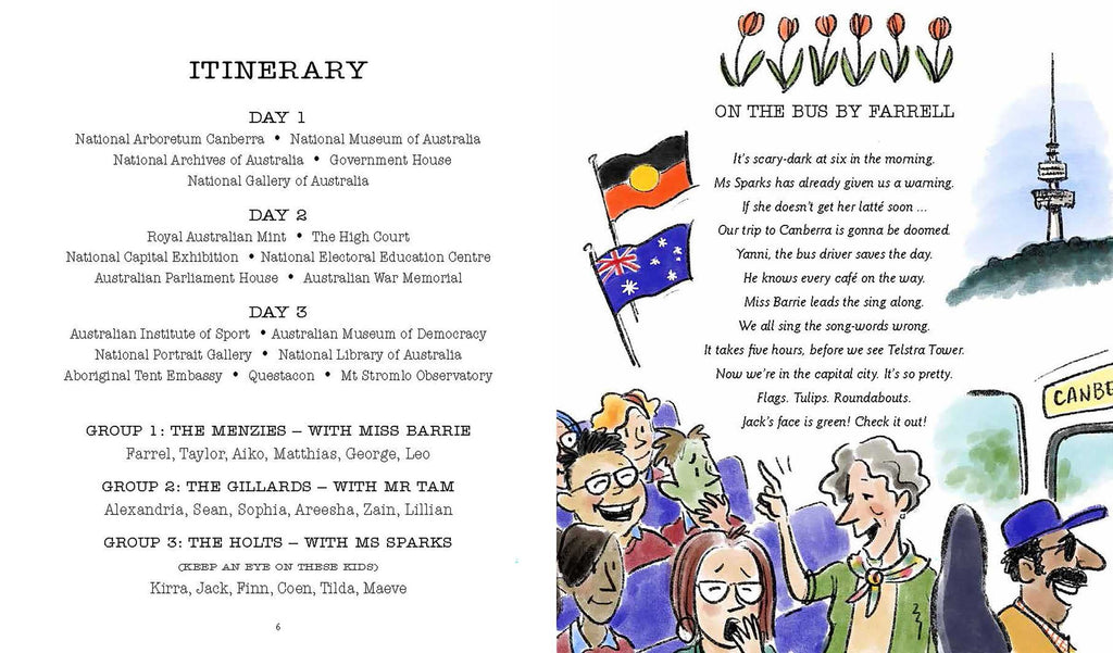 Page from a cook called 'Camp Canberra' showing the itinerary for a school visit to Canberra and a poem about being on the bus. 