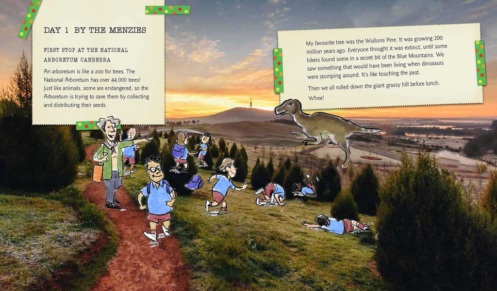 Page from the book 'Camp Canberra' with an artwork that is a mix of photo and illustration showing children at the National Arboretum Canberra. 