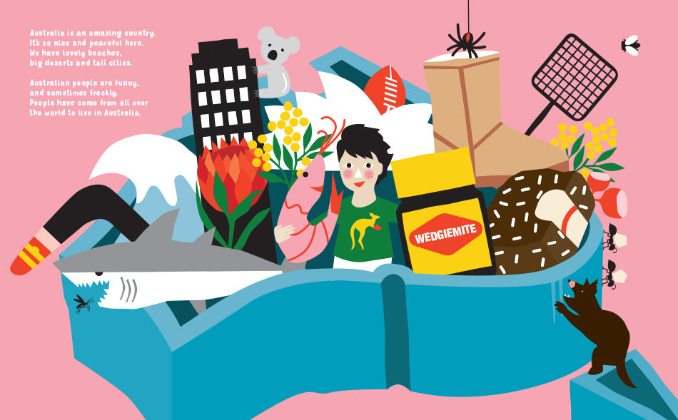 Page from the book 'If I was Prime Minister' showing a range of Australian icons and a child in a large Australia-shaped container. 