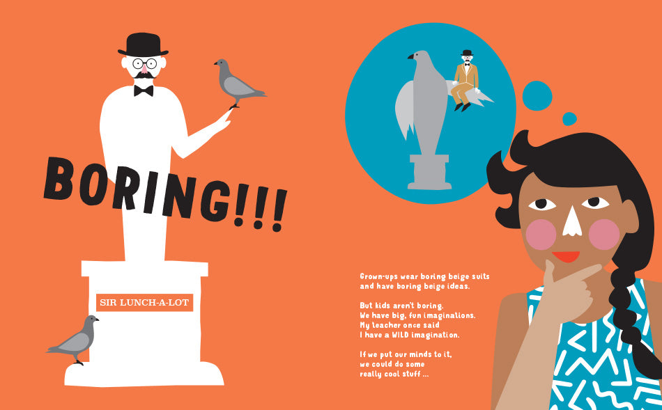 Page from the book 'If I was Prime Minister' showing a child re-imagining a state of a man as a state of a pigeon. 