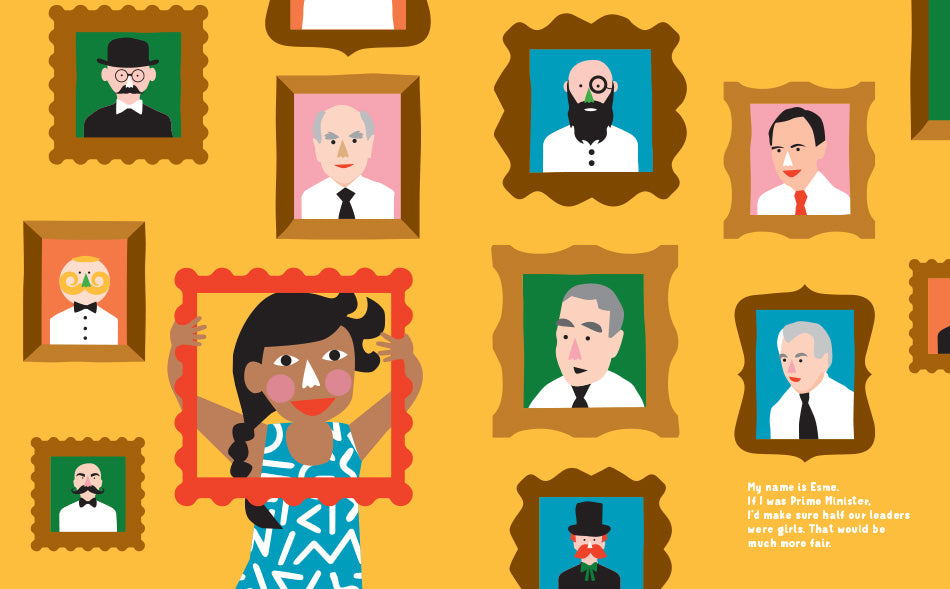 Page from the book 'If I was Prime Minister' showing a wall of frames picture of men, and a child holding an empty frame around her face.