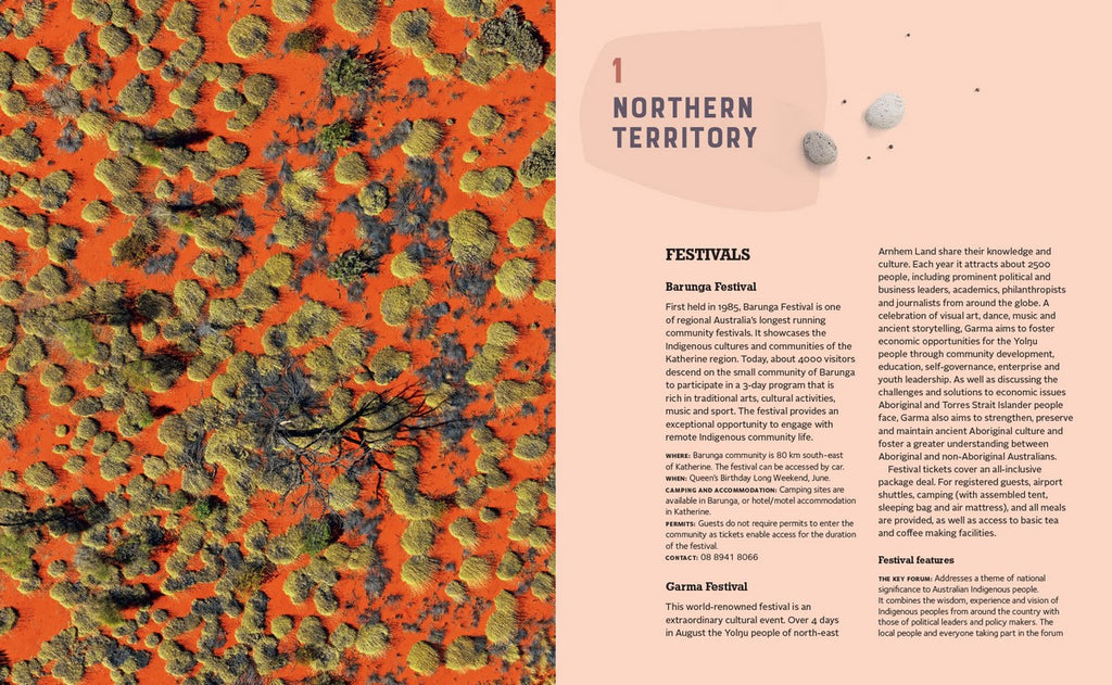 Page from the book 'Welcome to Country' featuring an aerial photograph of desert vegetation and information relating to the Barunga Festival. 