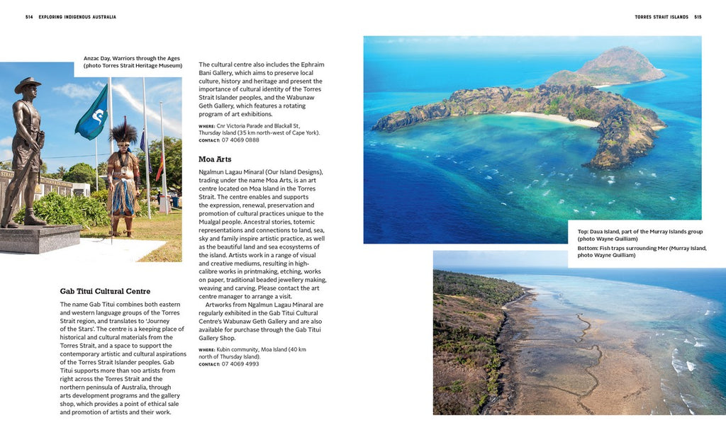 Page from the book 'Welcome to Country' featuring photographs of islands and information relating to the Torres Strait. 