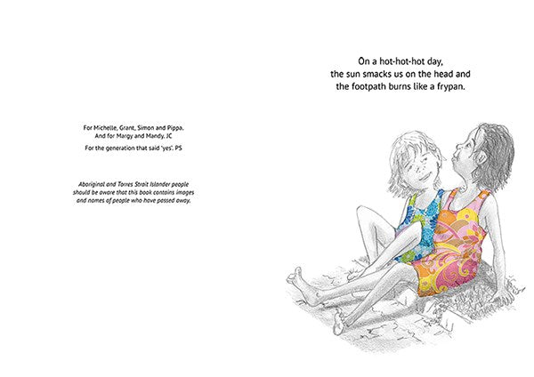 Page from the book 'Say Yes' with a illustration of two children wearing colourful dresses.
