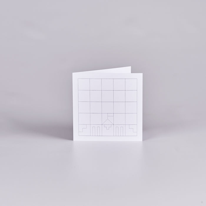 Square gift card with white background and a black grid design with a geometic Parliament House building in the lower half.