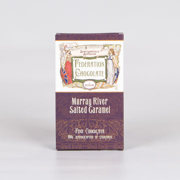 Chocolate block packaging with the words 'Federation Chocolate' and 'Murray River Salted Caramel'.