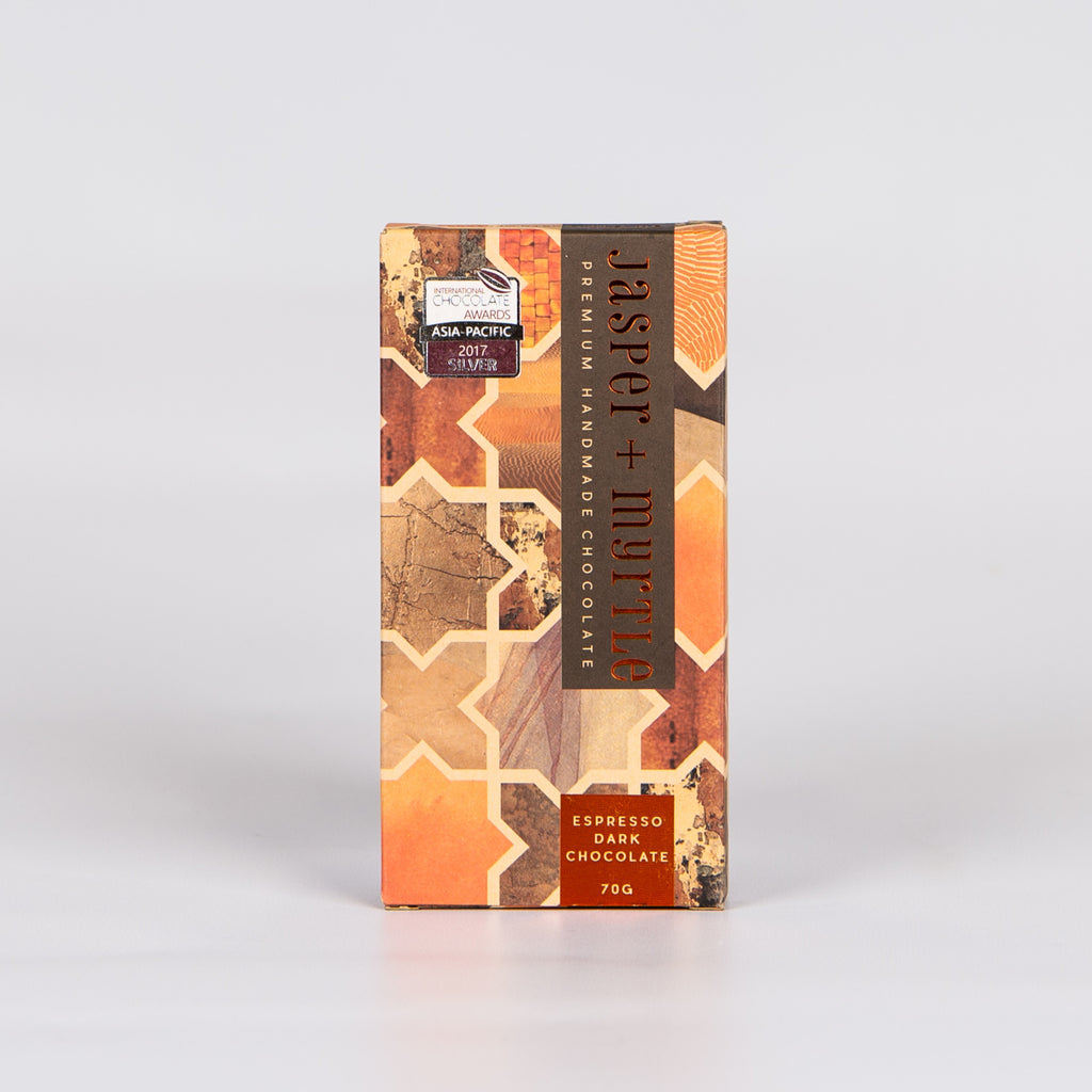 Chocolate box with a orange and brown pattern.