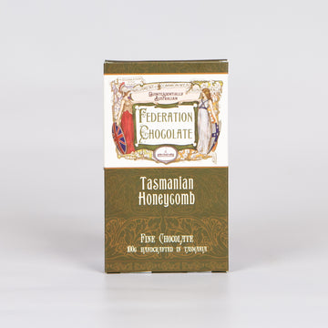 Chocolate block packaging with the words 'Federation Chocolate' and 'Tasmania Honeycomb'.