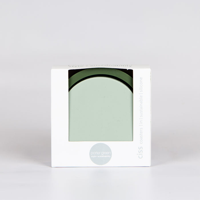 Round light green coasters and a dark green base in a white box reading 'Porter Green'.