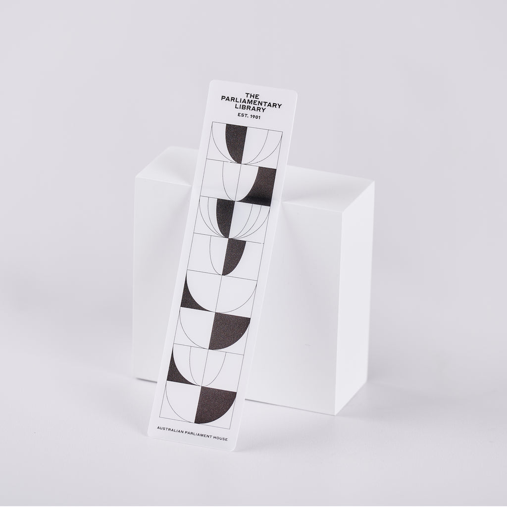 Bookmark with a black and white geometric design and text reading 'The Parliamentary Library EST. 1901'