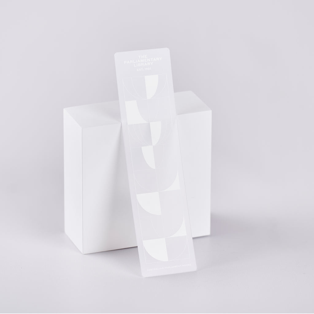 Bookmark with a grey and white geometric design and text reading 'The Parliamentary Library EST. 1901'