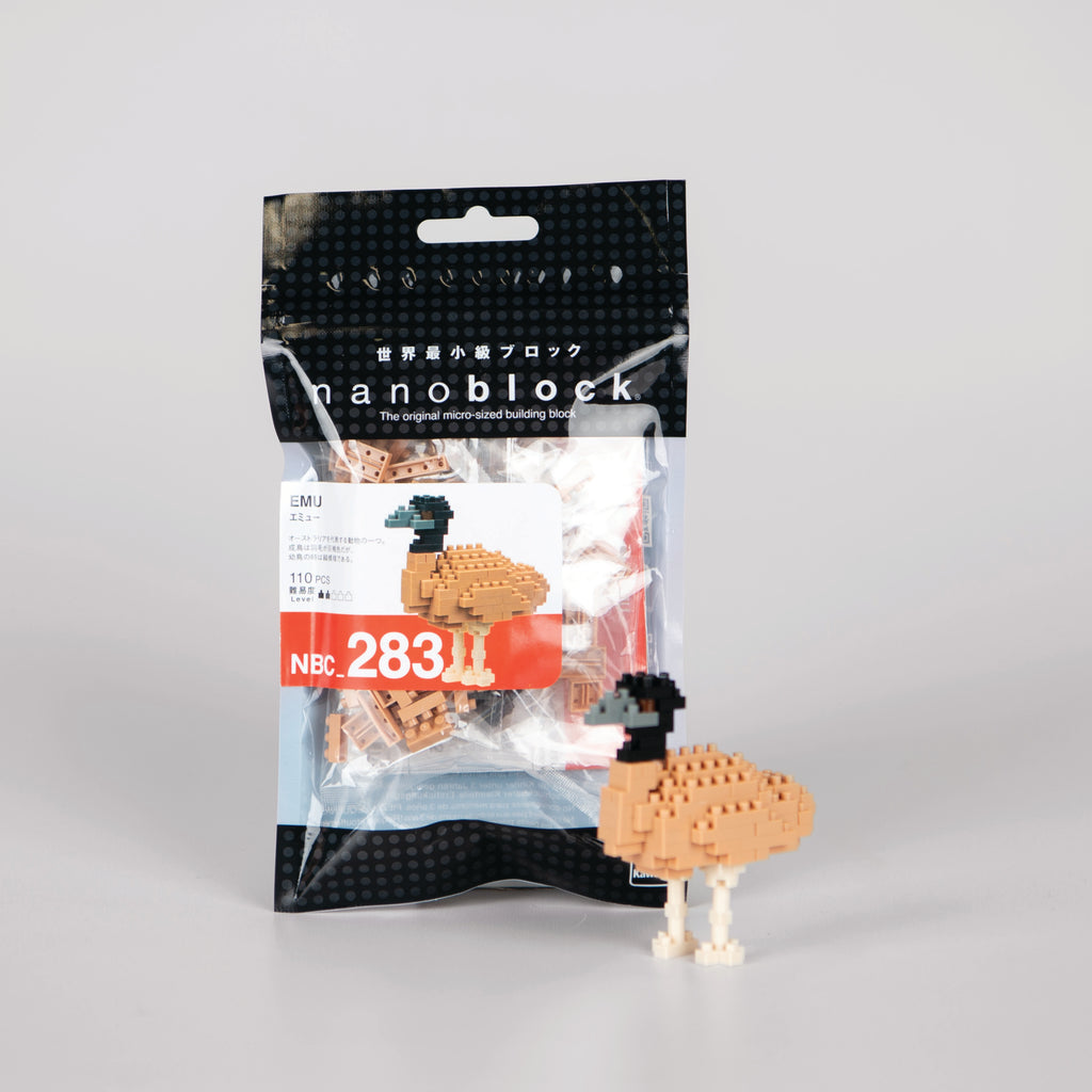 Miniature emu model in the foreground with the product pack in the background.