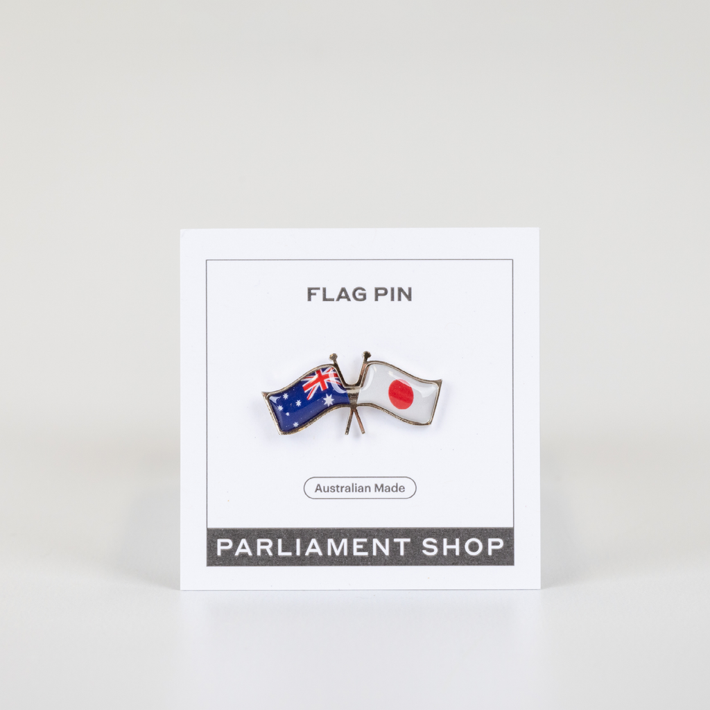 Lapel pin of Australia and Japan flags on white backing card