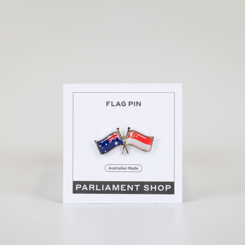 Lapel pin of Australia and Singapore flags on white backing card