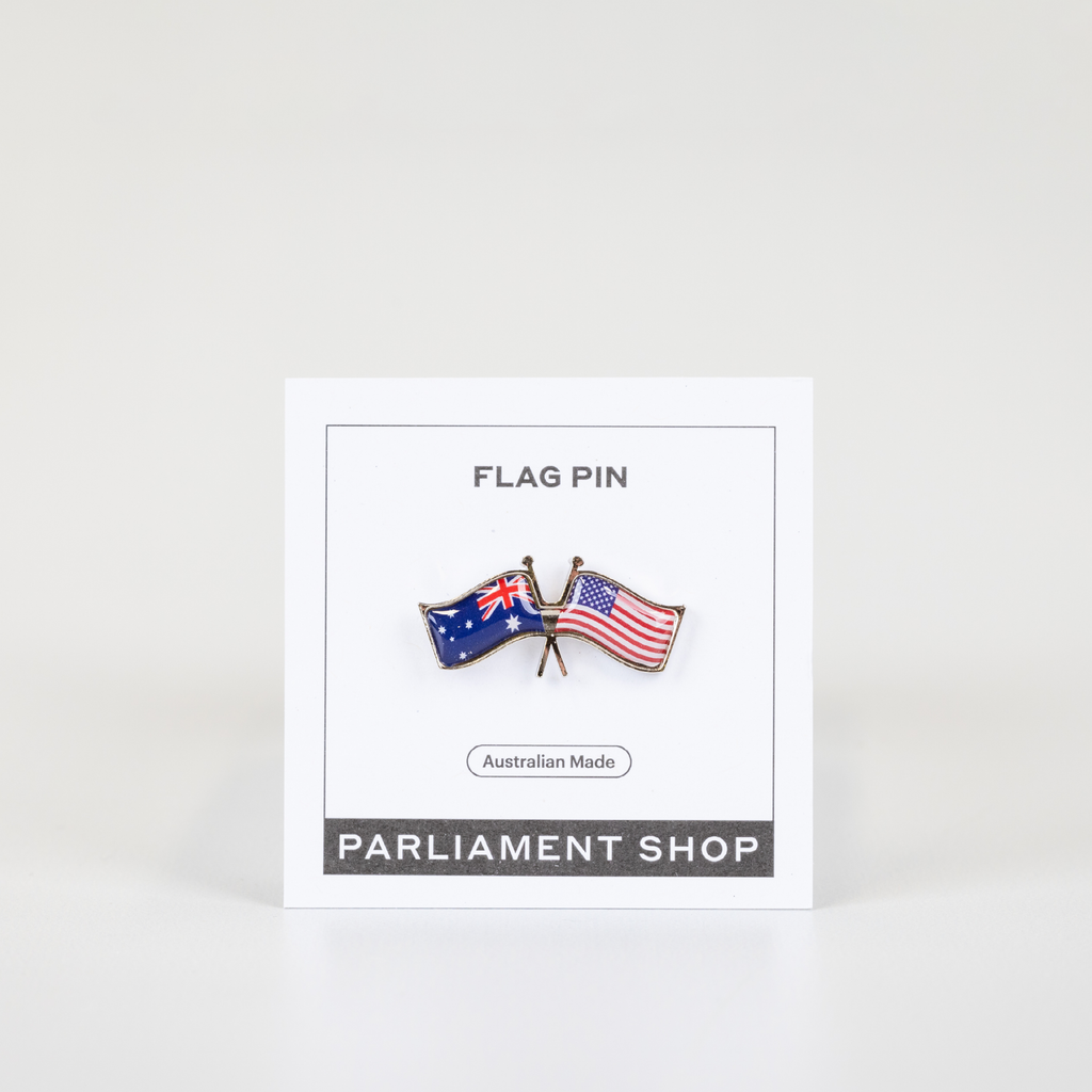 Lapel pin of Australia and United States flags on white backing card