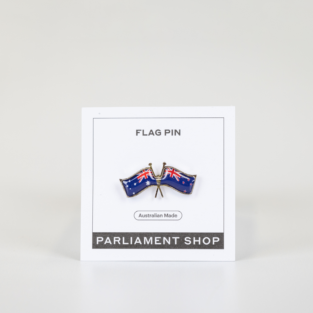 Lapel pin of Australia and New Zealand flags on white backing card