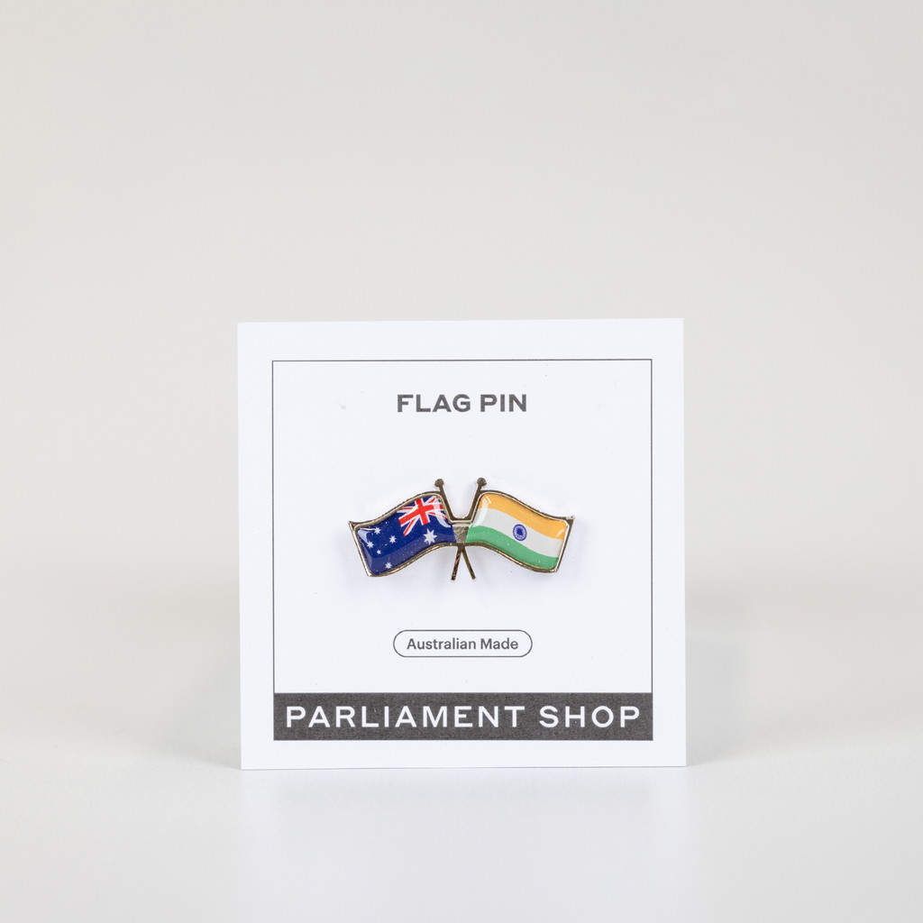 Lapel pin of Australia and India flags on white backing card