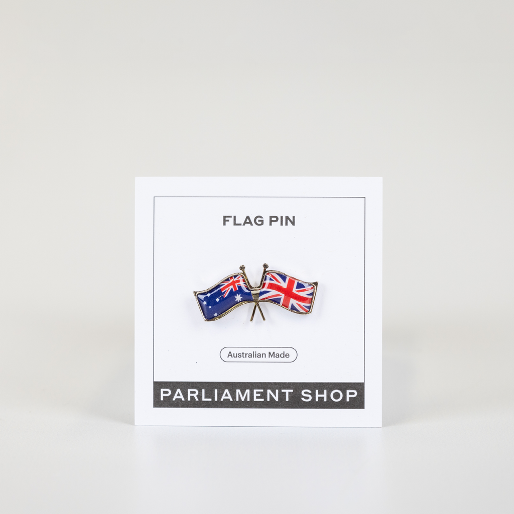 Lapel pin of Australia and United Kingdom flags on white backing card