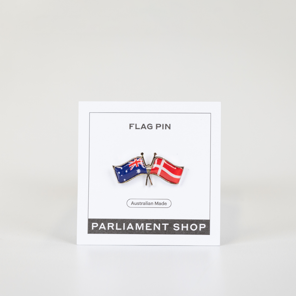 Lapel pin of Australia and Denmark flags on white backing card