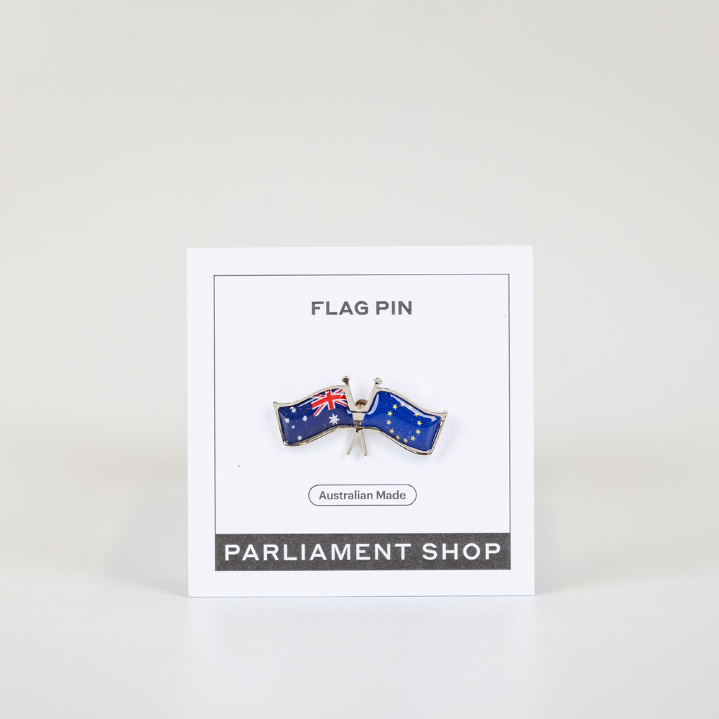 Lapel pin of Australia and European Union flags on white backing card