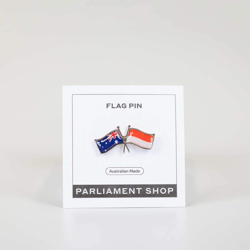 Lapel pin of Australia and Indonesia flags on white backing card