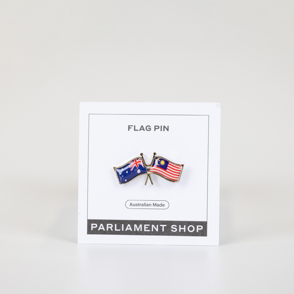 Lapel pin of Australia and Malaysia flags on white backing card