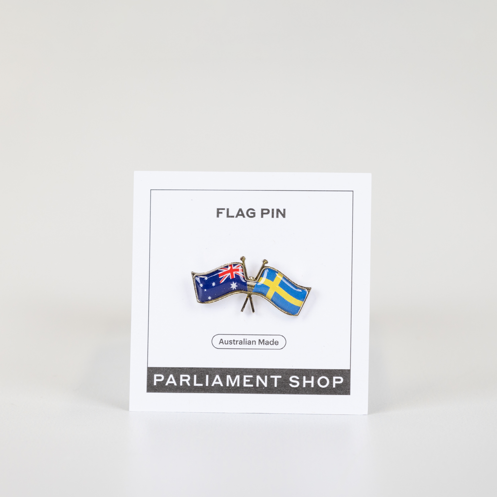 Lapel pin of Australia and Sweden flags on white backing card