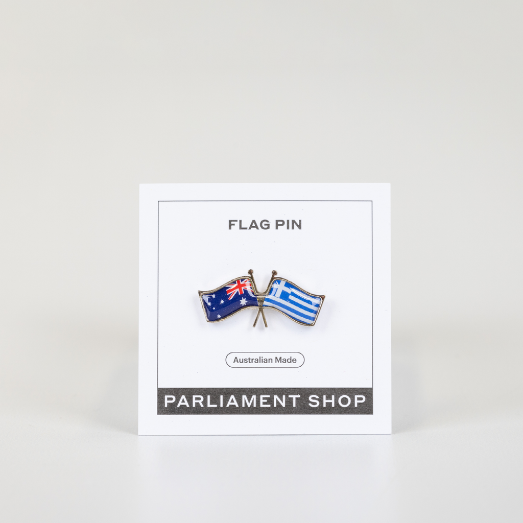 Lapel pin of Australia and Greece flags on white backing card